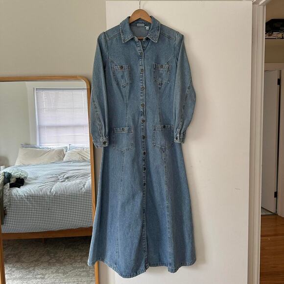 Vintage Dresses & Skirts - Vintage Blue Denim Western Button‎ Down Midi Dress Size S